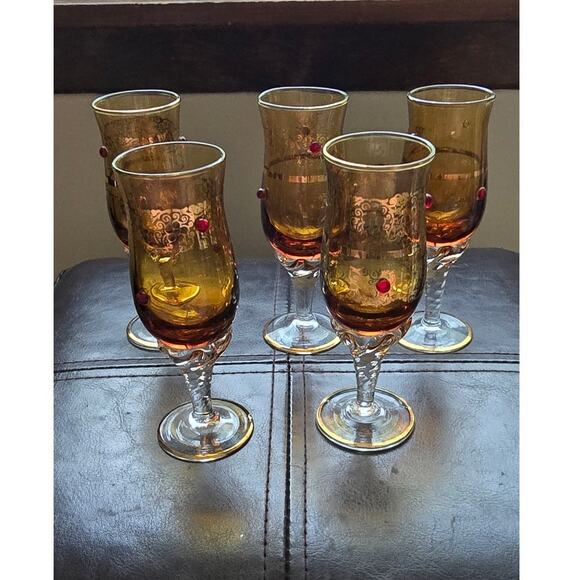 5 1930 Murano Tulip Cordial Glasses 22k Gold Trim and Filigree w/ Red Jewels - Picture 4 of 15